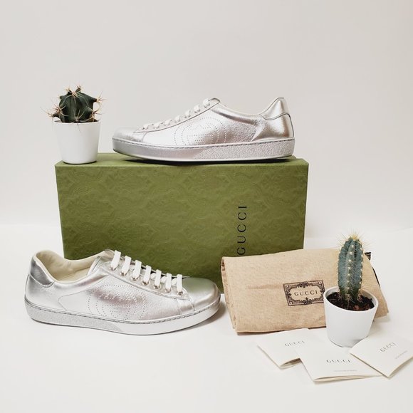GUCCI SNEAKERS NEW ACE SILVER LEATHER INTERLOCKING G LOGO SHOES 7.5G 8 US - Picture 2 of 14